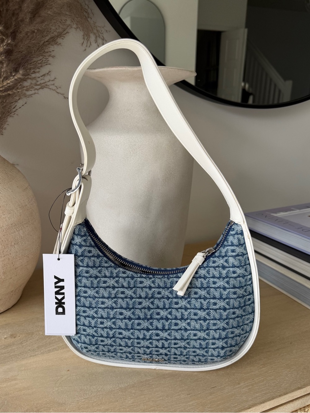 DKNY Blue Logo Denim Shoulder Bag with White Trim